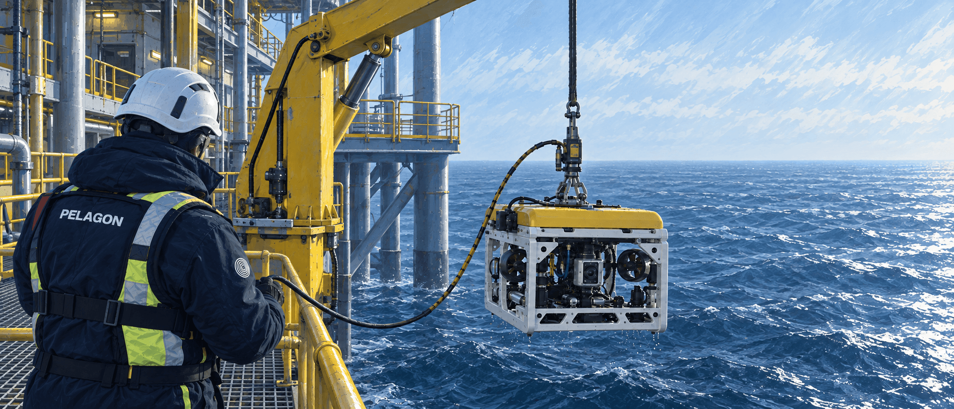 Illustration of a Pelagon technician lowering an ROV directly from the service deck of an offshore oil and gas platform.