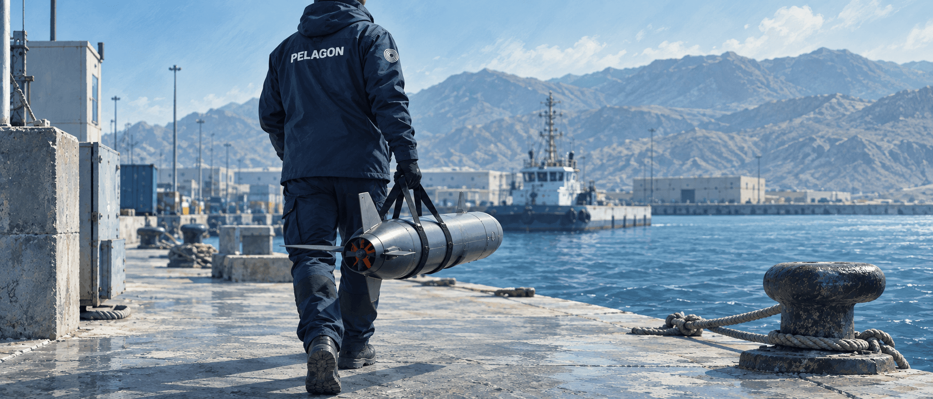 Illustrative scene of a Pelagon-clad operator carrying an underwater vehicle along a quay in a Middle Eastern harbour.