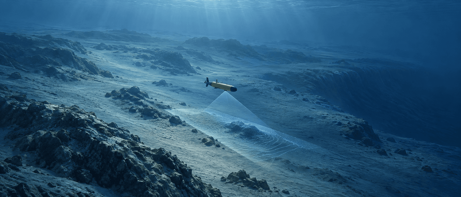 A survey vehicle maps the seabed with sonar, revealing bathymetric contours across submerged ridges and a sandy channel.
