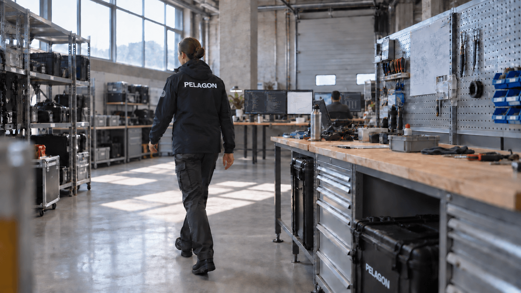 A Pelagon colleague walking between equipment shelving and a hardware workbench, with software research workstations in the background.