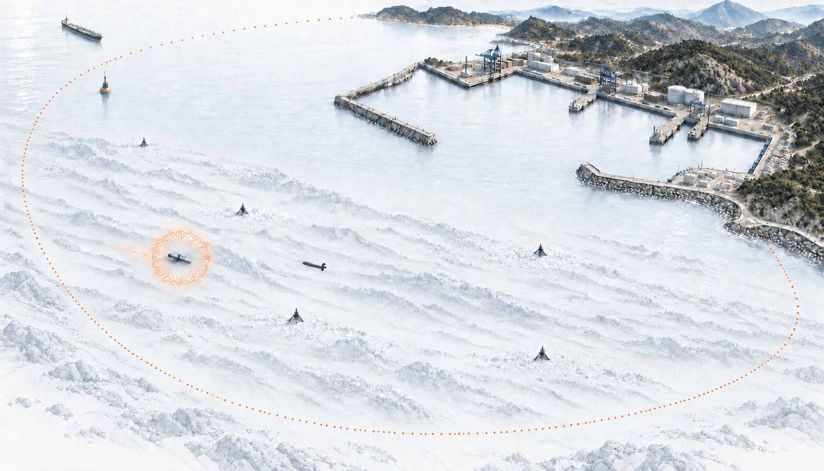An industrial port with an offshore tanker, a rounded protection zone and seabed sensors