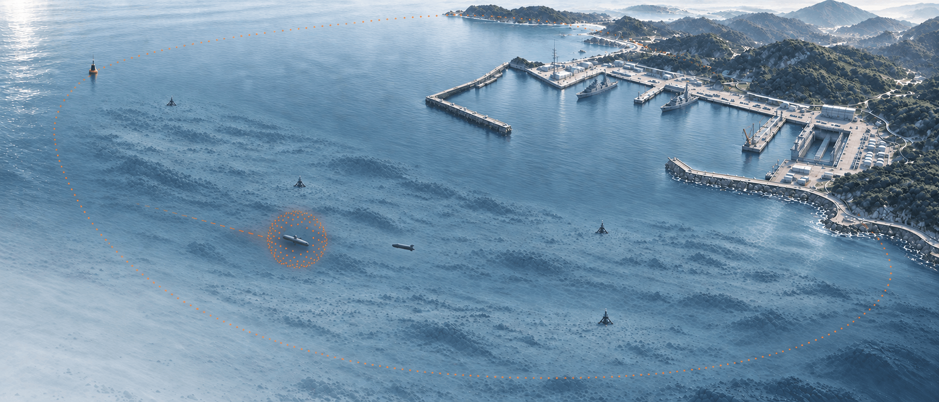 A naval harbour within a rounded protection zone monitored by seabed sensors