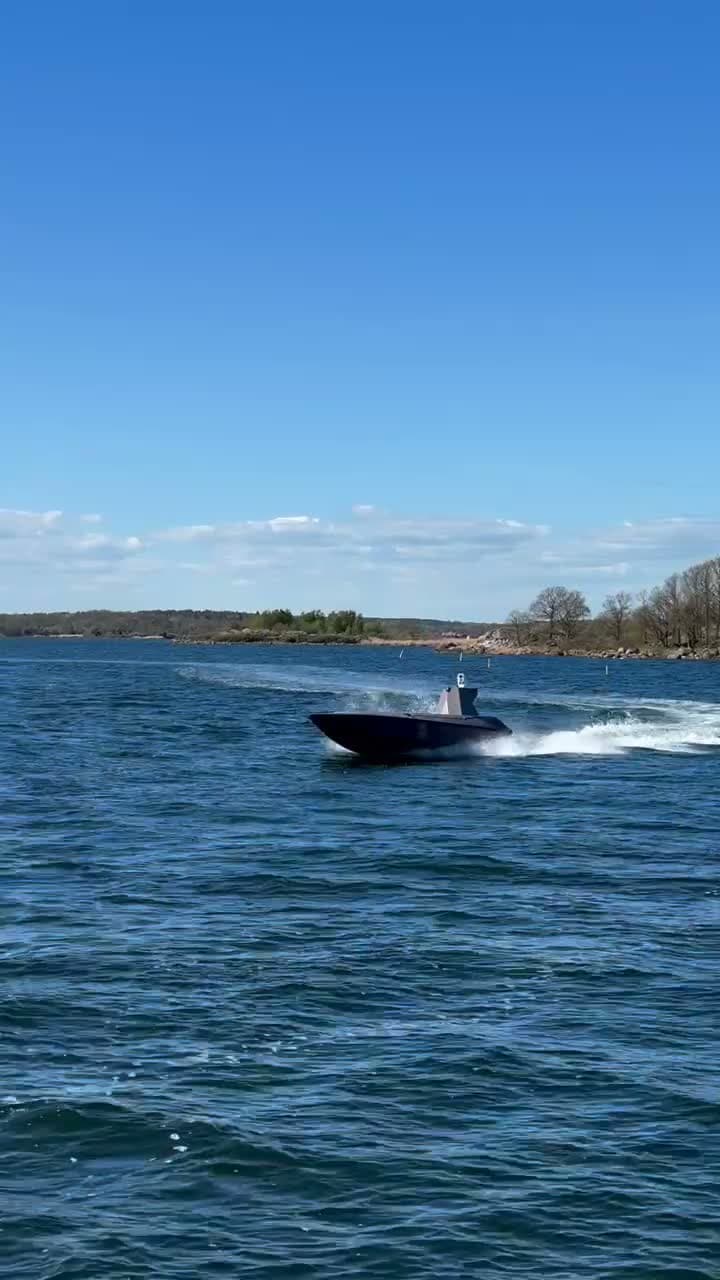 An uncrewed surface vessel underway during the trial in Karlskrona, Sweden