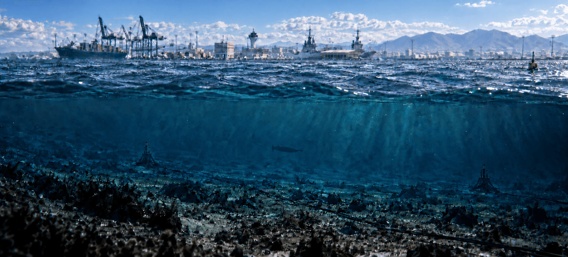 Port and naval base above a distributed underwater surveillance network